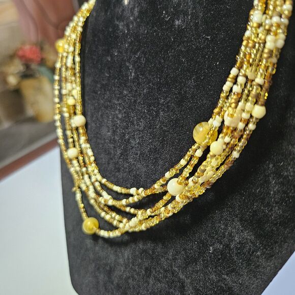 *Sale* Seed Bead Necklace Multi Strand Tone Glass Bohemian Neutral 18-20.5" - Picture 5 of 12
